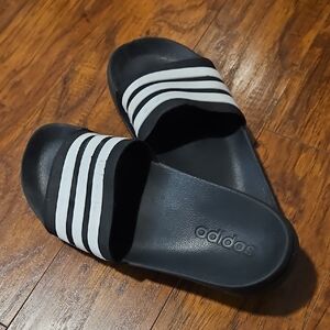 Adidas Black Slides with White Stripes